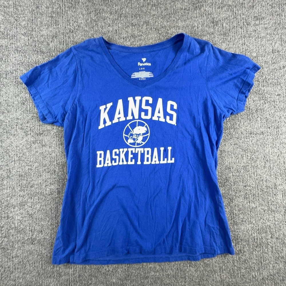 Kansas Jayhawks Shirt Womens‎ Large Blue NCAA Basketball V Neck Graphic Fanatics